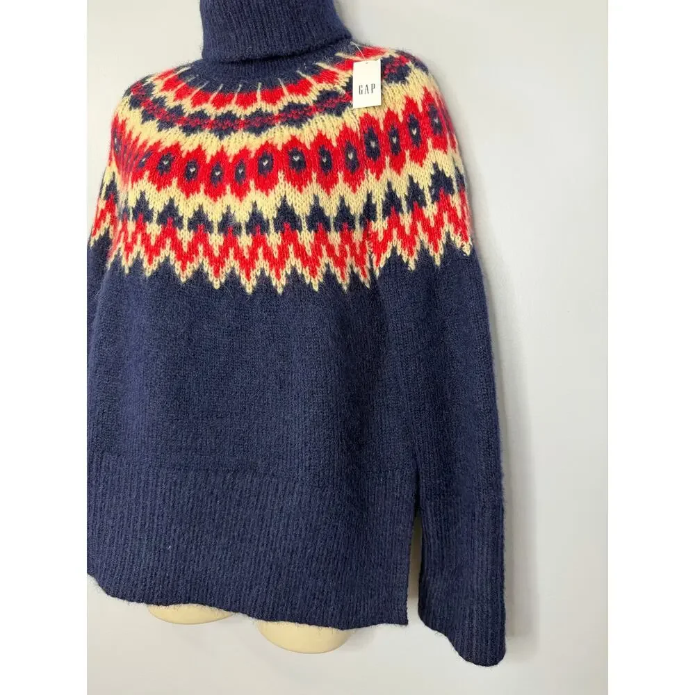 Gap Fair Isle Wool Turtleneck Sweater Navy Split-Hem Red Cream Pattern Sz XS New